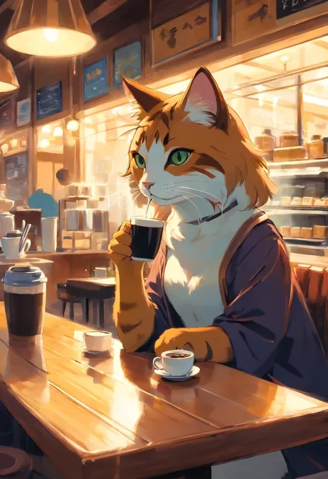 a humanoid cat drinking coffee at a coffee shop, art by [Esao Andrews]