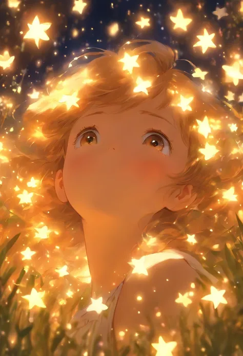 Draw a girl in a flower field，There is a string of lights, little girl with magical powers, girl looks at the space, among wonderful golden fireflies, With stars, DreamlikeArt, among golden fireflies, Shine among the stars, calm evening. Digital illustrati...