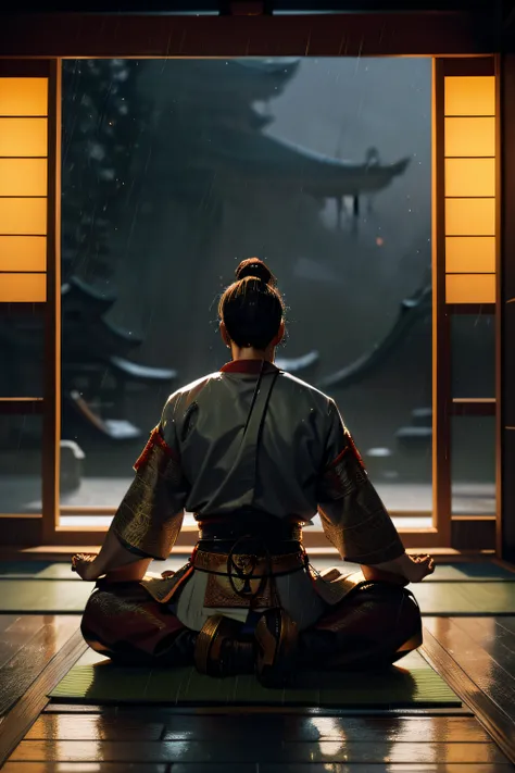 A samurai warrior sitting in a temple meditating and concentrating for his next fight. Its a rainy night.