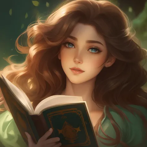 A closeup of a woman with a book in her hand, a storybook illustration by Alice Prin, Pixiv, arte de fantasia, the sailor jupiter. Beautiful, Storybook style, storybook art, fita no cabelo, ( waitress ) garota, No estilo de arte de Bowater, Lois Ross, Esti...