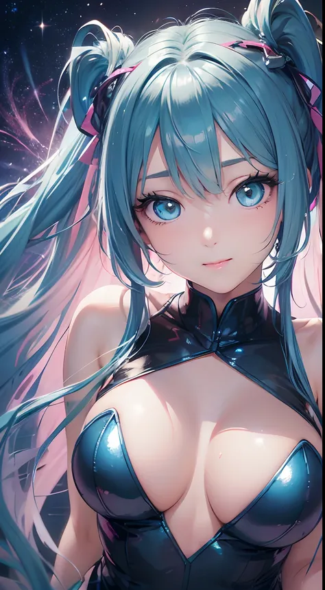 (((tmasterpiece))), 1girll, Hatsune Miku, vocal, Super detailed, hyperrealistic face, (flirty expression), (pink leotard), Blue gloves, Pantyhose, ((Super cute face)), ((Angelic face)), ((Incredibly beautiful eyes)), (glowing light eyes), (full bodyesbian)...