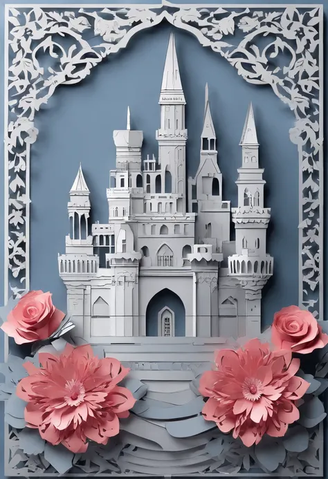 realistic, (best quality, masterpiece:1.3),
isometric, flowers castle, blue rose, grey background,  papercarvingcd-000004