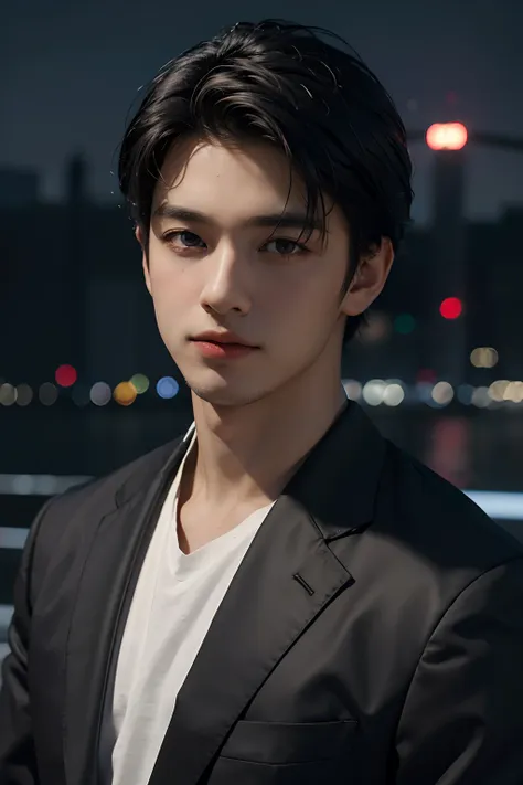 best quality, masterpiece, ultra high res, (photorealistic:1.4), raw photo, young handsome male, black hair, (night city backgro...