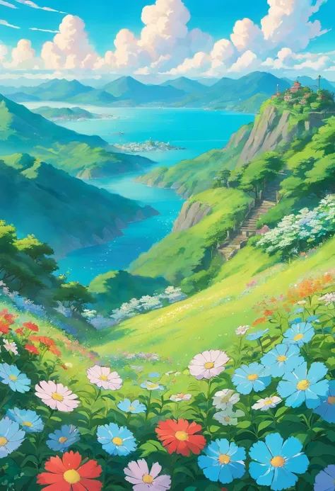 illustration,Original Painting,cartoon,Blue sky and white clouds,Sea of Flowers,Green Mountains,Canon EOS 80D,intricate details,cinematic light,8k