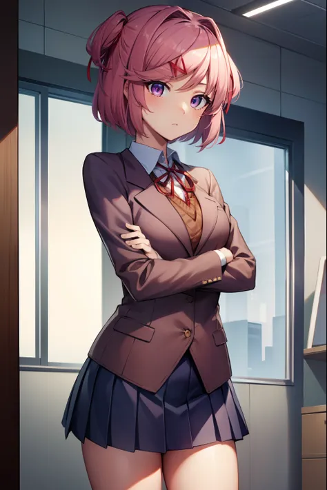 ddlcnatsuki, ddlcnatsuki, fang, hair ornament, pink hair, (purple eyes:1.1), short hair, short sidetail, swept bangs, x hair orn...