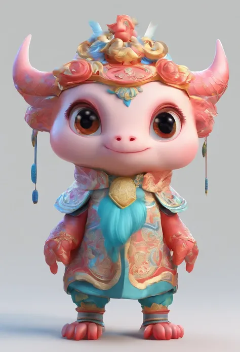 cute monster, Ancient Chinese silk clothing， Cinematic lighting， Clean white background，advanced color scheme, Full body 3D model，Big eyes, Cute action，Pinterest，trendy blind box toys, Award-winning - stylistic expression