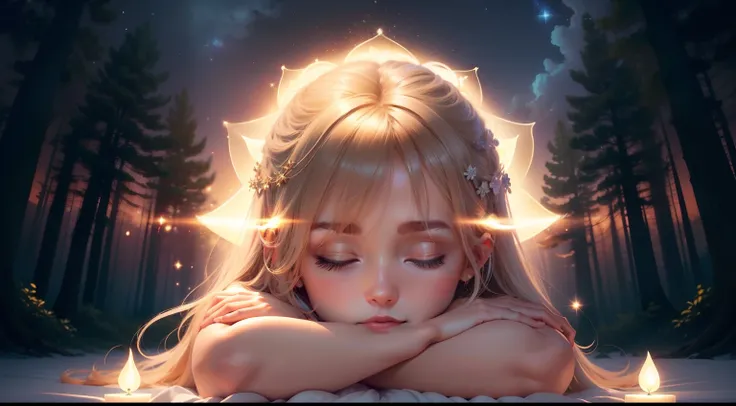 Create a captivating thumbnail image that symbolizes deep relaxation, inner peace, and a serene nights sleep. The image should incorporate elements of a tranquil forest under a starry sky, with a soft, golden glow emanating from a luminous sphere. Convey a...