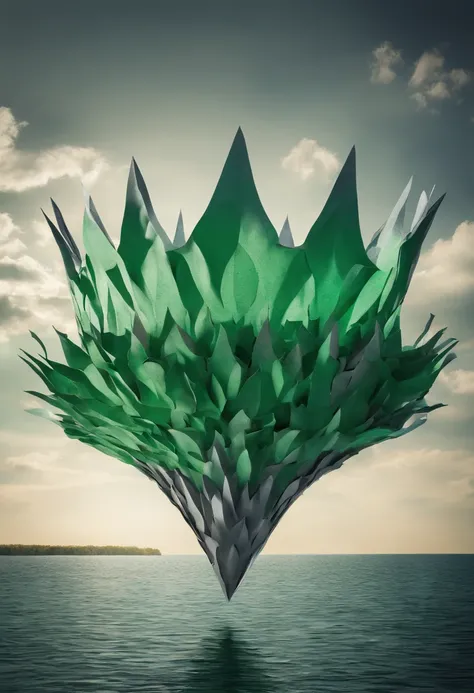 the picture shows a crown flying over a lake,UE5,OCTAN,C4D, in the style of futuristic organic, dark silver and light green, kodak ultramax, historical illustration, lunarpunk, gigantic scale, wide angle lens