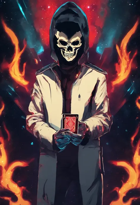 a man with a skull face holding cards with flames in his hands, in the style of dark cyan and red, illustrative realism, gamercore, mysterious backdrops, 32k uhd, ferrania p30, vibrant realism