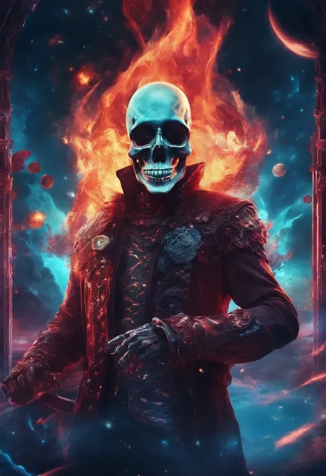 a man with a skull face holding cards with flames in his hands, in the style of dark cyan and red, illustrative realism, gamercore, mysterious backdrops, 32k uhd, ferrania p30, vibrant realism