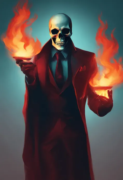 a man with a skull face holding cards with flames in his hands, in the style of dark cyan and red, illustrative realism, gamercore, mysterious backdrops, 32k uhd, ferrania p30, vibrant realism