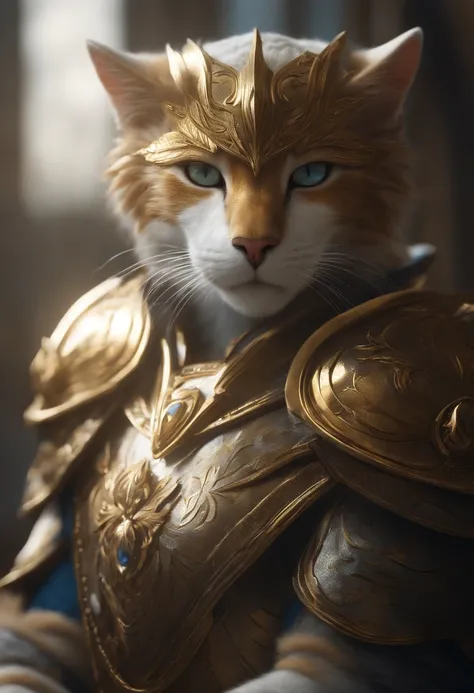 render of a concept art of a cat warrior + a cat wearing gold armour + eyes that look up + body with no face, glowing yellow eyes + magical + fantasy + elegance + glow + soft light + scare + viking + myth + lion + horns + warrior + white + blue + gold + iv...