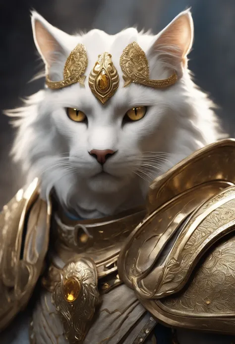 render of a concept art of a cat warrior + a cat wearing gold armour + eyes that look up + body with no face, glowing yellow eyes + magical + fantasy + elegance + glow + soft light + scare + viking + myth + lion + horns + warrior + white + blue + gold + iv...