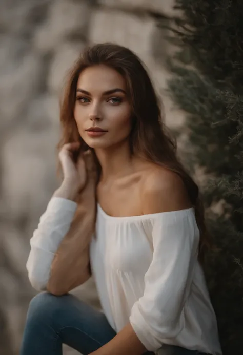 Femme arafed avec de longs cheveux et un haut blanc debout devant un mur de pierre, fille aux cheveux bruns, Elle a environ 1 6 ans, Pokimane, cheveux fluides debout sur un rocher, aux cheveux longs, jeune belle femme, soft portrait shot 8 k, Anna Nikonova...