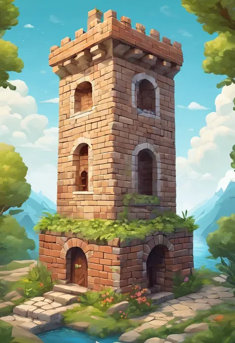 absurdres, best quality, fantasy, isometric, knolling style of (miniature brick round tower:1.2), tree, stone wall, (simple background:1.2)