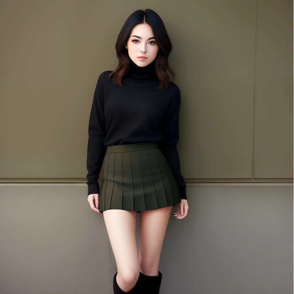 Beautiful young woman with dark eyes and olive skin wearing a black turtleneck sweater, tiny pleated miniskirt and boots.