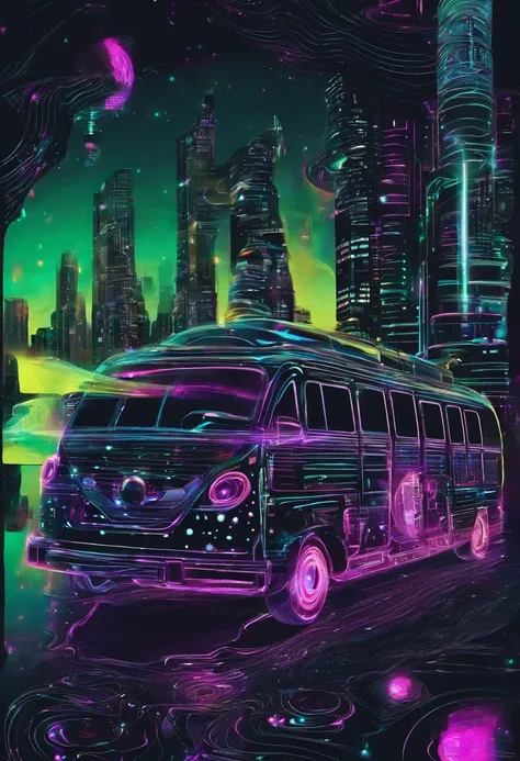 :Vehicule du futur en noir round like a space capsule front windsheld straight blike a bus familiy friendly background city by night fluo50 --s 2