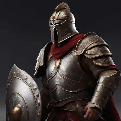 A closeup of a gladiator with a helmet and a armor, character concept art, senior concept artist, strong upper body, holding shield in hand, side profile