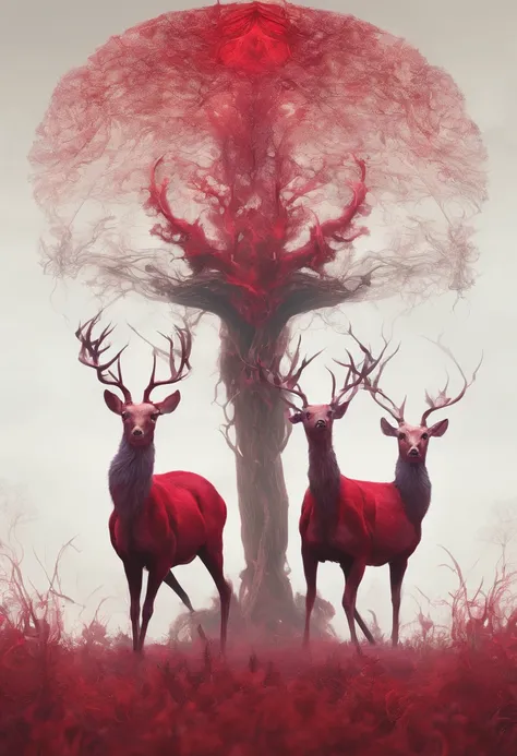 two deer with covering their fur, in the style of gothic horror, white and crimson, cryengine, tenebrism-inspired, planar art, exaggerated anatomy, contest winner