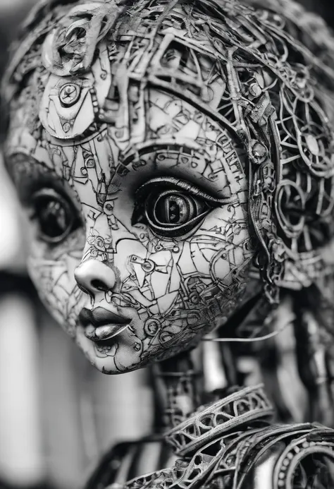 closeup dramatic face of abandoned roboarmillary doll in the old shop, photography nostalgic