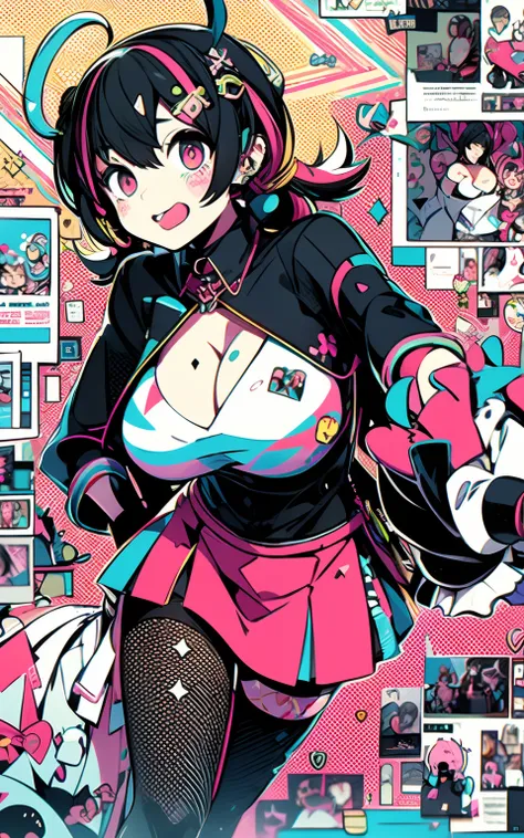 " black hair with rainbow streaks in it kawaii, cute, adorable woman with pink, black and rainbow color scheme. She is dressed in sky-themed clothes made out of clouds and sky motifs. Her outfit is fluffy and soft, with decora accessories like hairclips. S...