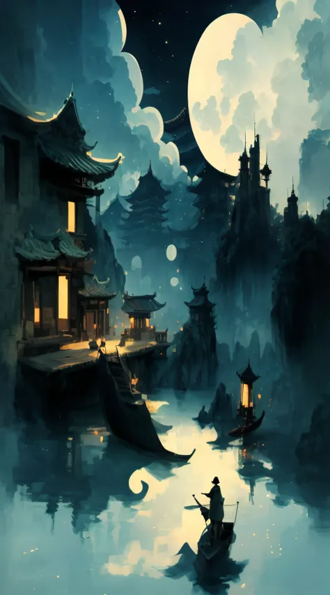 Draw a man on the river at night in a boat, dreamy Chinese towns, calm evening. Digital illustration, A beautiful artwork illustration, Chinese fantasy, by Yang J, andreas rocha style, author：Qu Leilei, By Li Song, author：Song Xu, inspired by Andreas Rocha...