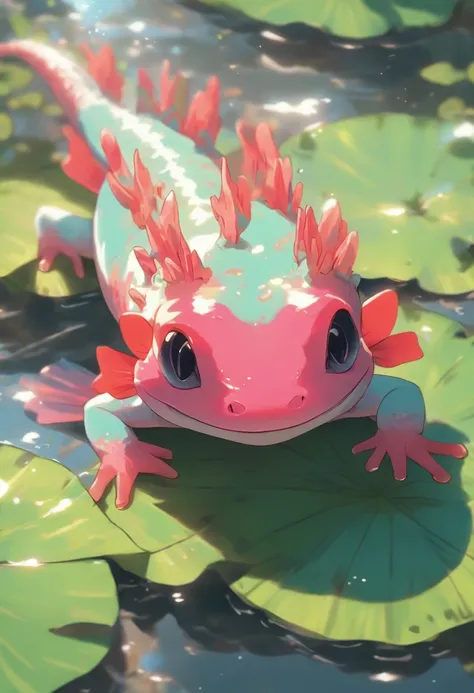 best quality,ultra-detailed,realistic,(axolotl),([sunglasses]),(cool),(cute),(lounging),(lily pad),(vivid colors),(portrait),(summer vibes),high-res,sharp focus,happy expression,relaxed posture,natural lighting