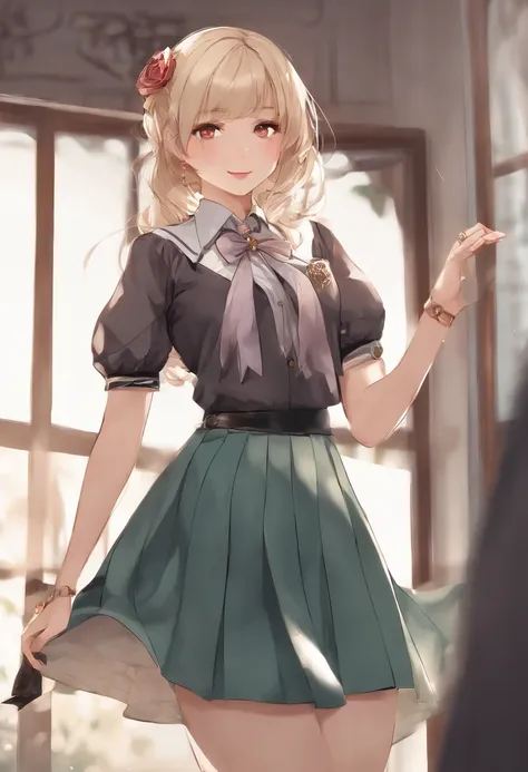 Full body, 1girl in, Bangs, Black Choker, black necktie, Black hair, Blue skirt, blush, 手链, breasts, Choker, clothes around waist, 鎖骨, Collared shirt, dress shirts, ear piercings, eyebrows visible through hair, Gradient Hair, grin, gals, Jewelry, Kogal, Lo...