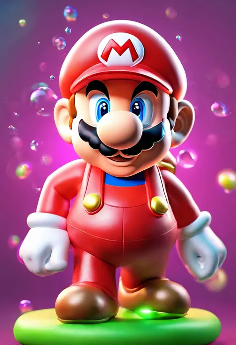 Super Mario wears a transparent fluorescent holographic raincoat, full body, clean black background, facing the audience, lens in front, close-up, focusing on the face, bubble matte IP, blind box, combining 2D and 3D, arms in front, diamond luster, metal t...