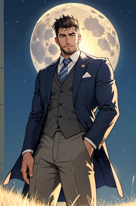 Draw a full-fledged footballer，Standing on the steppe at night，Quiet and comfortable background，He wears the same suit as the countrys president，The suit fits perfectly，Handsome face，eyes with brightness，The man looks confident and determined，looking-down，...