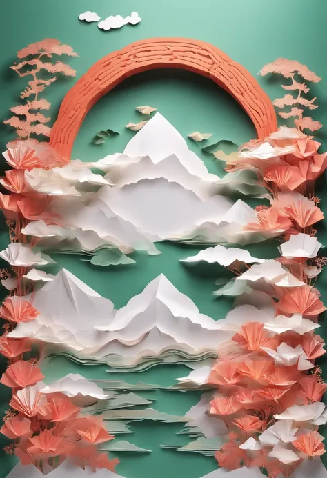 Multi-dimensional paper kirigami craft, paper illustration, Chinese traditional painting, jade, landscape, auspicious clouds, Chinese style, Watercolor painting, warm color, light background, best quality, exquisite details, 3d rendering, Octane render, pa...