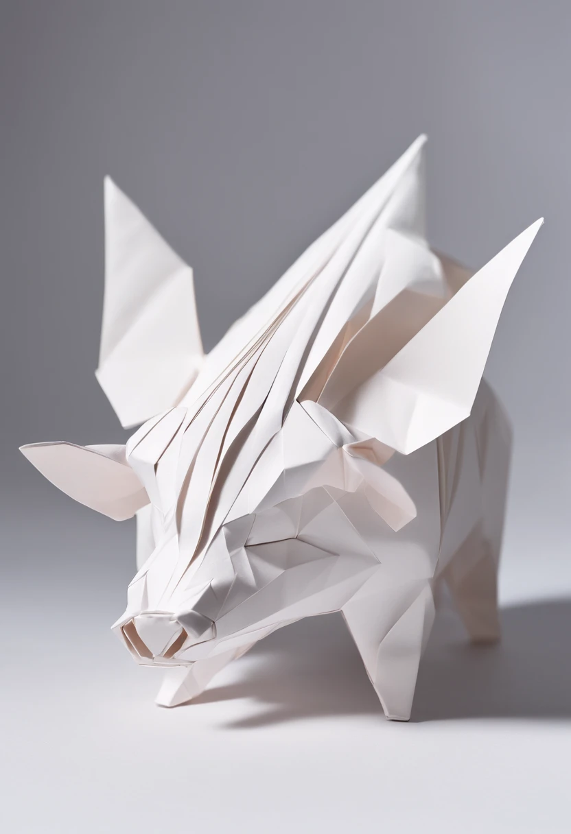 A piece of white paper folded out of the pig, pure white background, minimalist, side view, abstract，Origami， 8k