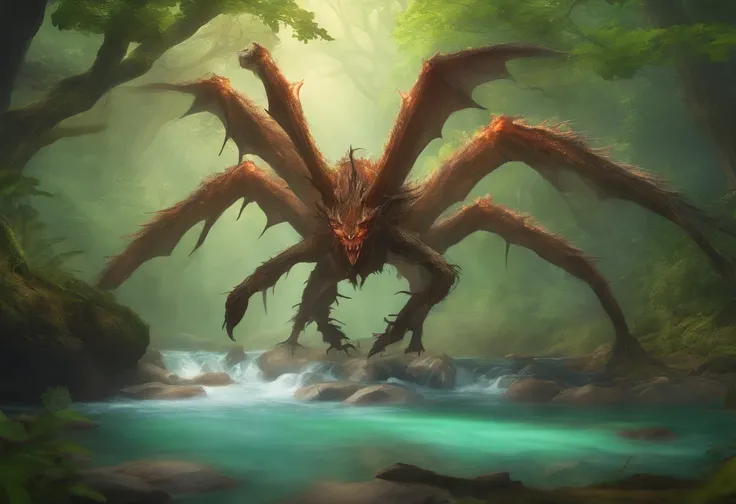 ancient druids summoning a giant spider dragon in a massive forest river, epic fantasy, magical, realistic, photo realistic, 3d render