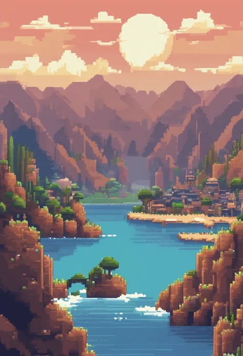 Pixel art tourist destination landscape. Evening. 3d pixel art 4k wallpaper. Incredible pixel art details. Pixel art. Steam waves. Detailed unreal engine pixel art