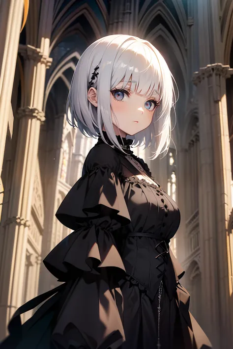 Rapariga, lolita gothic hair, Gothic haircut, microfringe haircut, usando roupas de freira, em uma catedral, pale skin, mosaico de vidro laranja, gothic cathedral