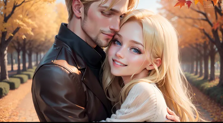 Intense hugs,kissing,a blond,Handsome man,A girl with,Autumn foliage,Beloved,Smiling Lovers