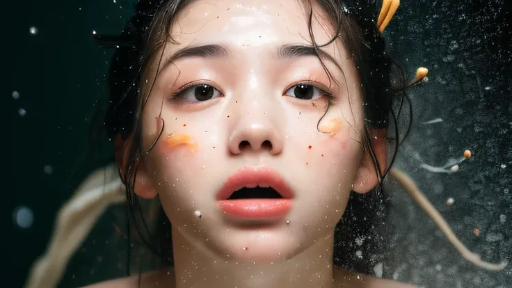 （（top quority，8k，tmasterpiece：1.3）），woman（hot onsen），perspired，water droplets on the forehead of the face，exteriors，background u...