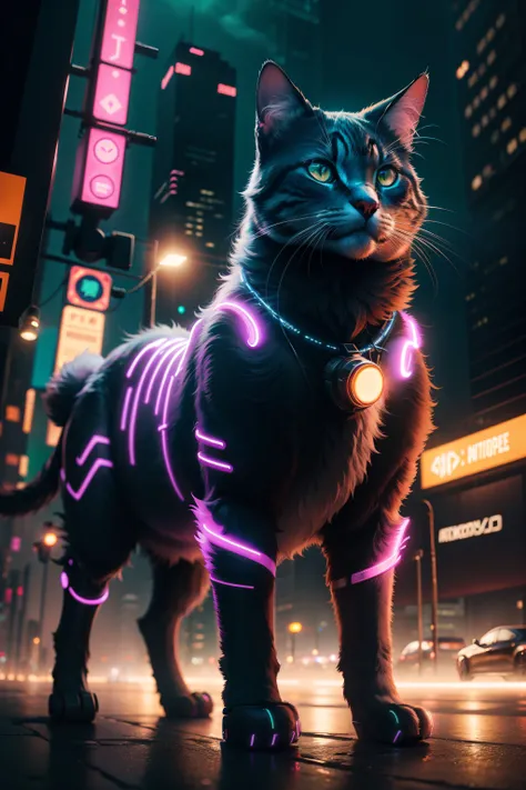 animal cat cyberpunk cars metropolis light neon night realistic