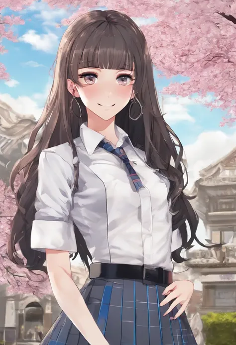 masterpiece, best quality, full body, 1girl, bangs, black choker, black necktie, black hair, blue skirt, blush, bracelet, breasts, choker, clothes around waist, collarbone, collared shirt, cowboy shot, dress shirt, ear piercing, eyebrows visible through ha...