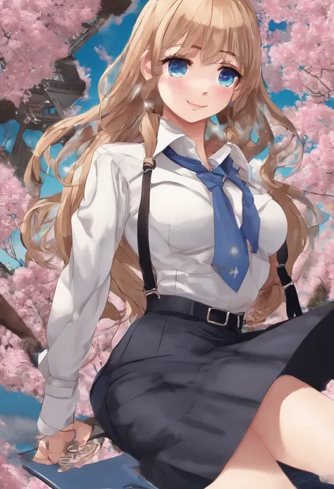 masterpiece, best quality,  full body,
1girl, bangs, black choker, black necktie, blonde hair, blue skirt, blush, bracelet, breasts, choker, clothes around waist, collarbone, collared shirt, cowboy shot, dress shirt, ear piercing, eyebrows visible through ...