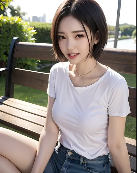 hight resolution、photoRealstic、1 cool woman、24 year old、Short black hair、Brown eyes、Tear bag、small nose、Show your teeth and smile、Simple piercing、white t-shirts、Damaged Denim Pants、（large full breasts:1.4）、Delicate arms、long legged、Sitting on a park bench、...