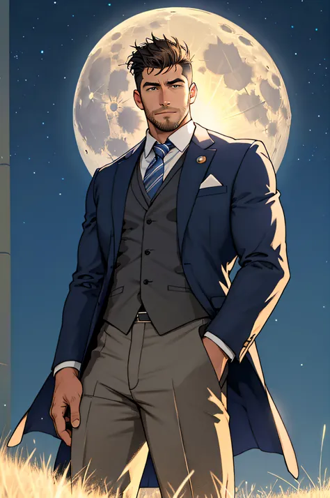 Draw a full-fledged footballer，Standing on the steppe at night，Quiet and comfortable background，He wears the same suit as the countrys president，The suit fits perfectly，Handsome face，eyes with brightness，The man looks confident and determined，looking-down，...