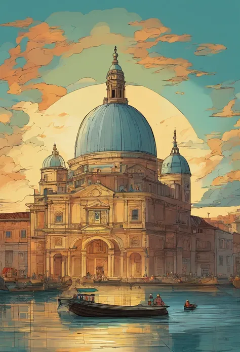 painting of a large building with a dome and a boat on the water, por Canaletto, Directed by: Gaetano Sabatini, inspirado em Canaletto, by Eugène Brands, inspirado em Giovanni Paolo Pannini, por Adolf Born, Directed by: Isidor Kaufman, Directed by: Luigi K...