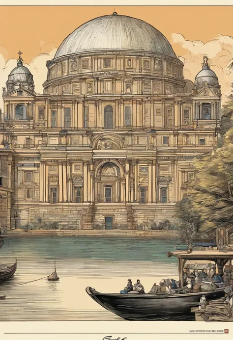 painting of a large building with a dome and a boat on the water, por Canaletto, Directed by: Gaetano Sabatini, inspirado em Canaletto, by Eugène Brands, inspirado em Giovanni Paolo Pannini, por Adolf Born, Directed by: Isidor Kaufman, Directed by: Luigi K...