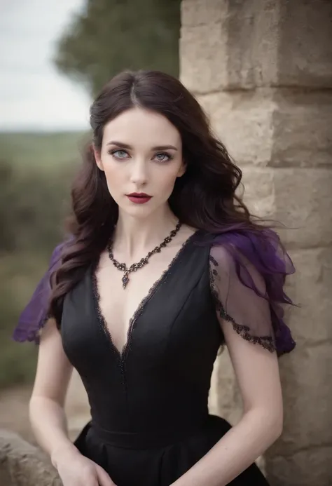 (((surreal bright purple iris))) (purple iris) caucasian woman around 30 years old, very feminine and attractive, pale skin with completely black wavy hair, candlelight in a medieval setting. (((She MUST wear completely black dress and a choker))) ultra sh...