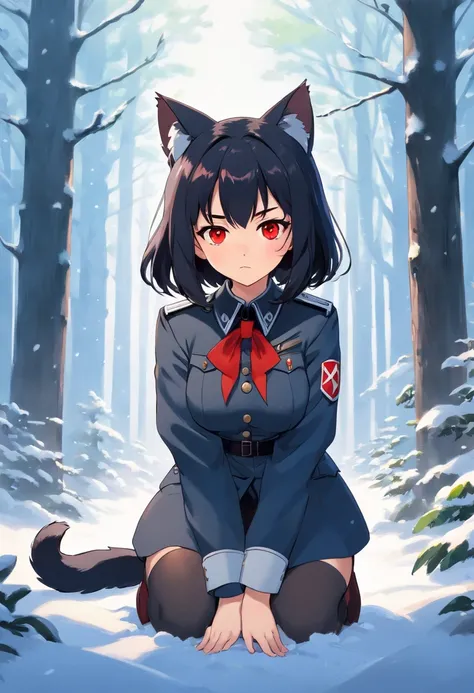 snowy forest, black hair, cat ears, cat girl,  red eyes, kneeling, nazi officer uniform, NAZI, germany, black officer uniform