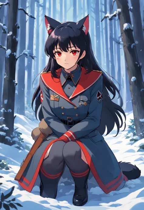 snowy forest, black hair, cat ears, cat girl,  red eyes, kneeling, nazi officer uniform, NAZI, germany, black officer uniform