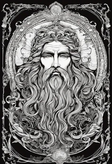 Zeus, t-shirt art, 2D, ((black background :1, 5)), vector, vivid colors, masterpiece, best quality, intricate details, perfect symmetrical face, realistic details, gothic theme, rim light, moonlight, cinematic shading, Greg Rutkowisk