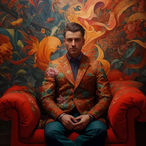 colorful pattern, Oil paintings by Flemish masters, surrealism, beau. 
Un homme Handom, 40 ans, shaven , curly short brown hair.Costume moulant noir, chemise coupe blanche. 
airy, Light in contrast, highly detailed, Hyperrealistic, ultra HD, couleurs vives...