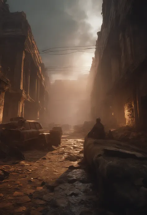 realista, 4k, Anjos com asas grandes, roupas pretas, Espada desgastada, Capuz envolvendo o rosto, post-apocalyptic environment, Gloomy Illumination, destroyed scenery.